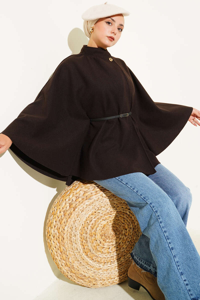 Felt Poncho with Thin Belt - Dark Brown