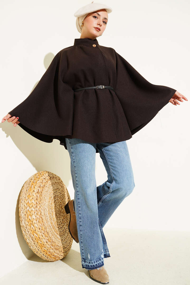 Felt Poncho with Thin Belt - Dark Brown