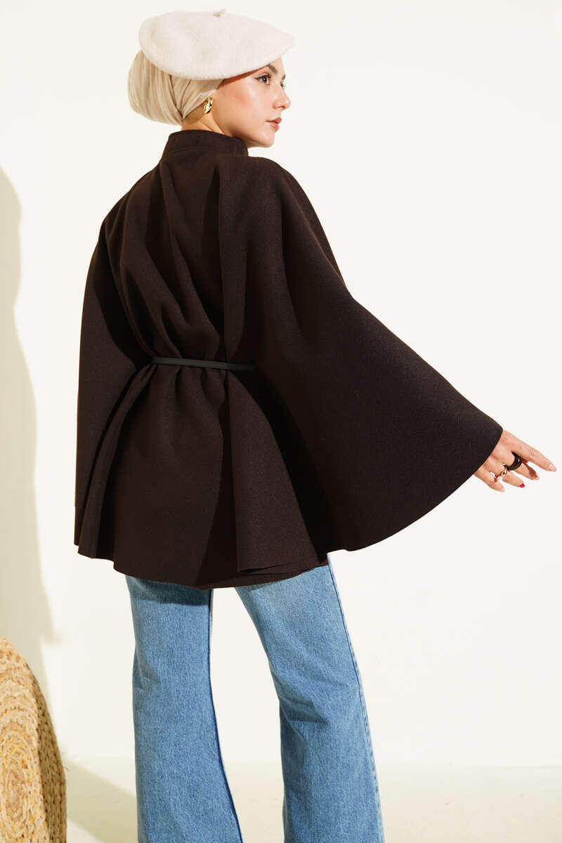 Felt Poncho with Thin Belt - Dark Brown