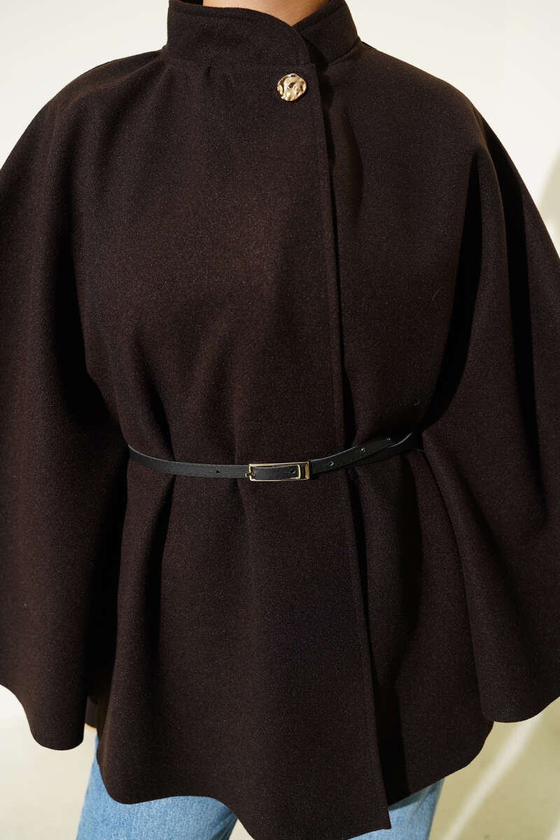 Felt Poncho with Thin Belt - Dark Brown