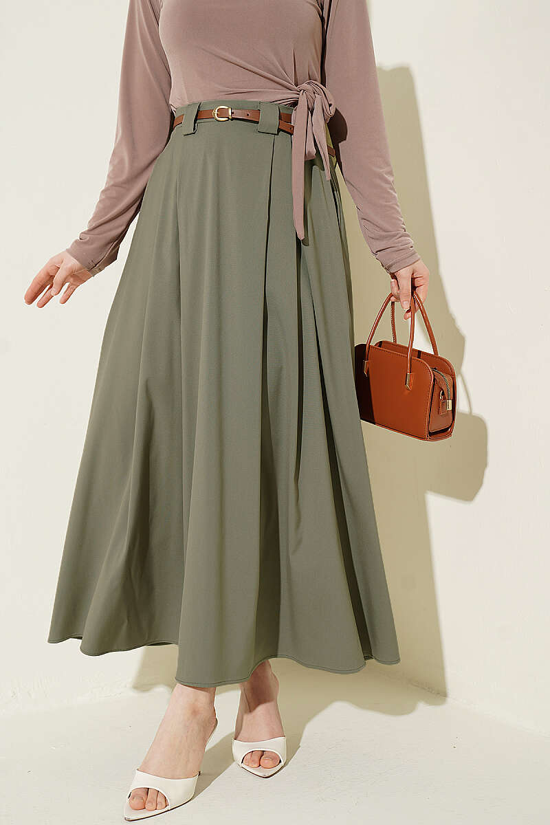 Pleated Skirt with Thin Belt - Almond Green