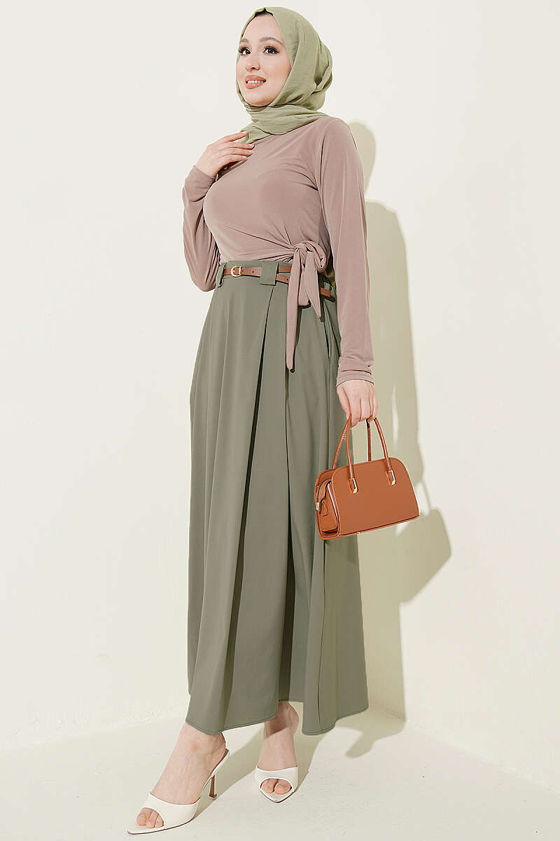 Pleated Skirt with Thin Belt - Almond Green