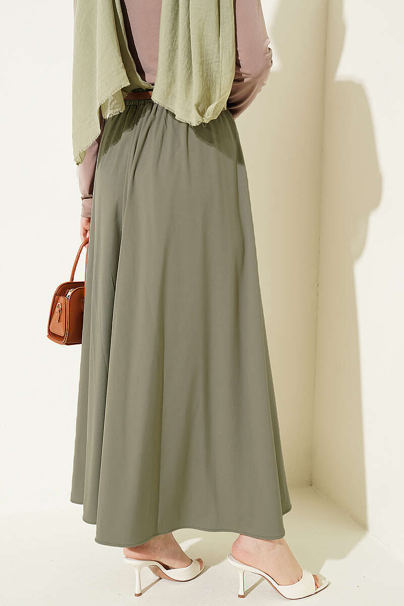 Pleated Skirt with Thin Belt - Almond Green