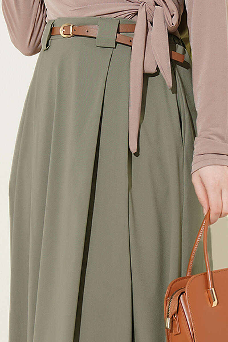 Pleated Skirt with Thin Belt - Almond Green