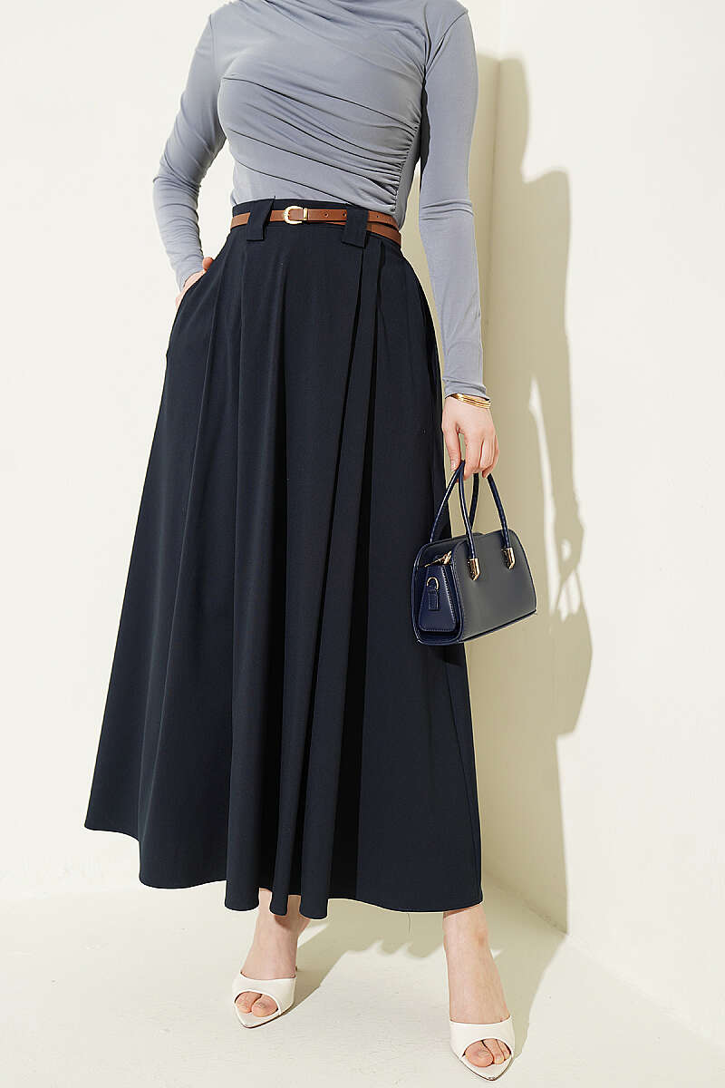 Pleated Skirt with Thin Belt - Navy