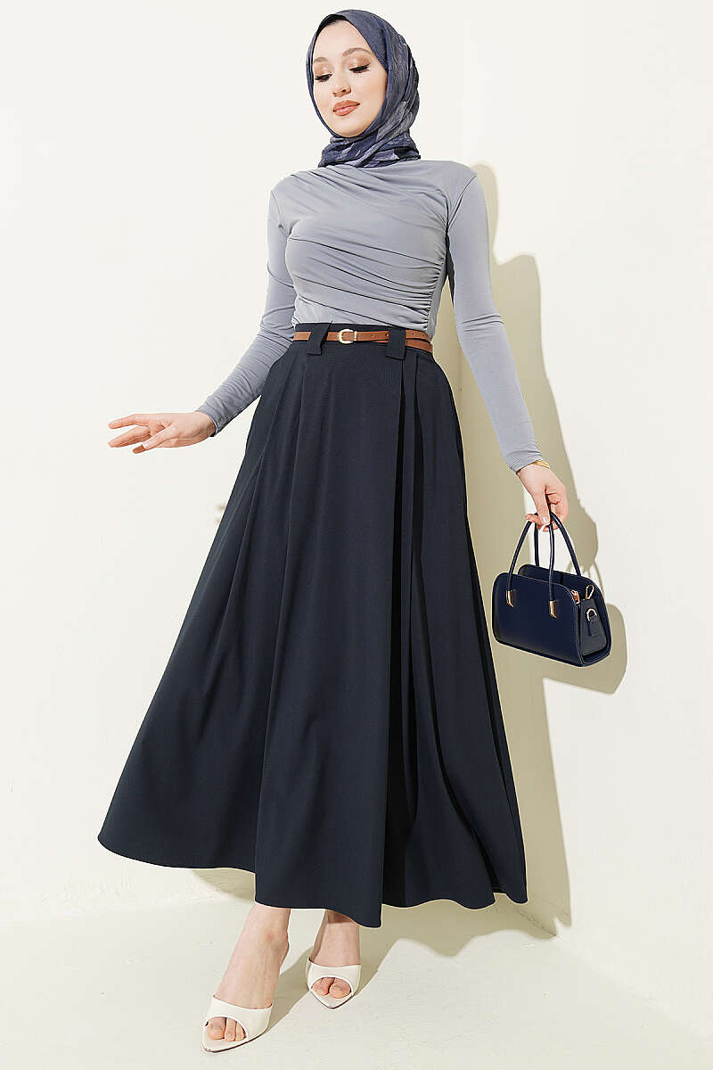 Pleated Skirt with Thin Belt - Navy