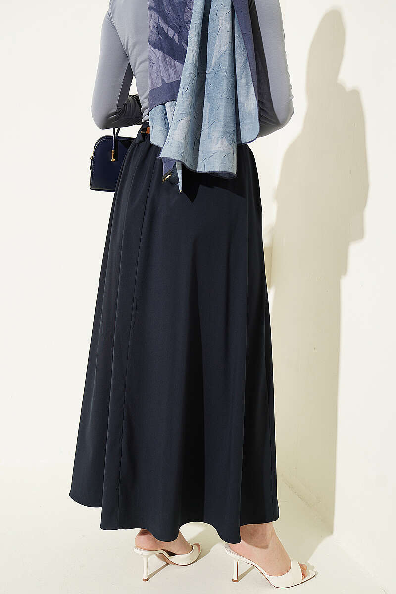 Pleated Skirt with Thin Belt - Navy