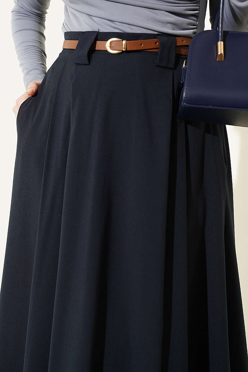 Pleated Skirt with Thin Belt - Navy