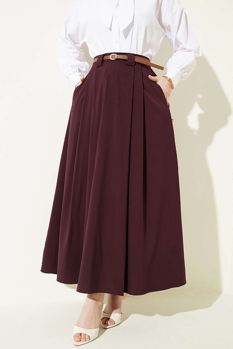 Pleated Skirt with Thin Belt - Plum