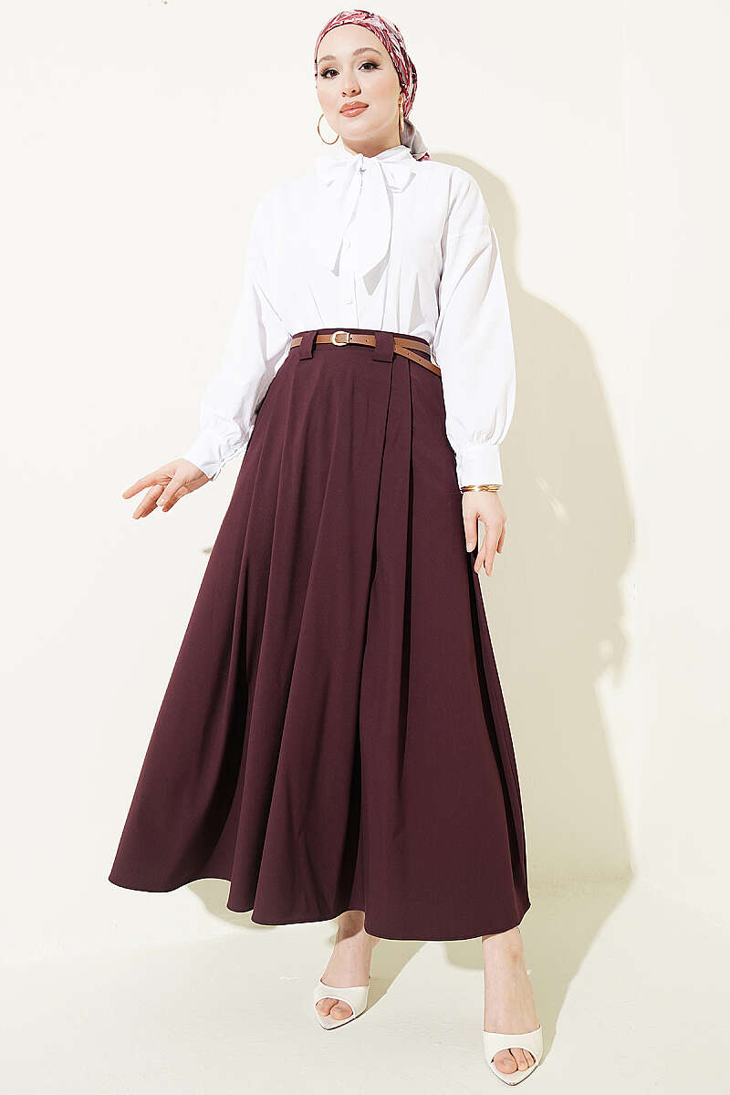 Pleated Skirt with Thin Belt - Plum