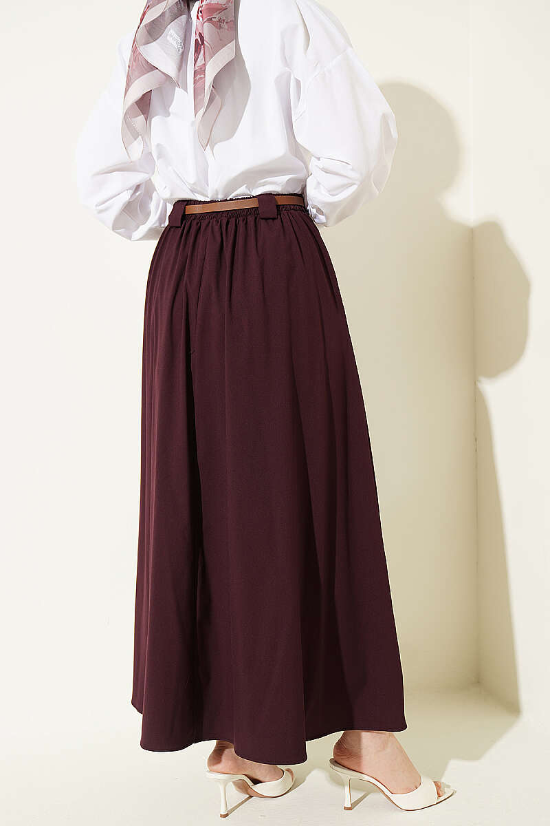 Pleated Skirt with Thin Belt - Plum