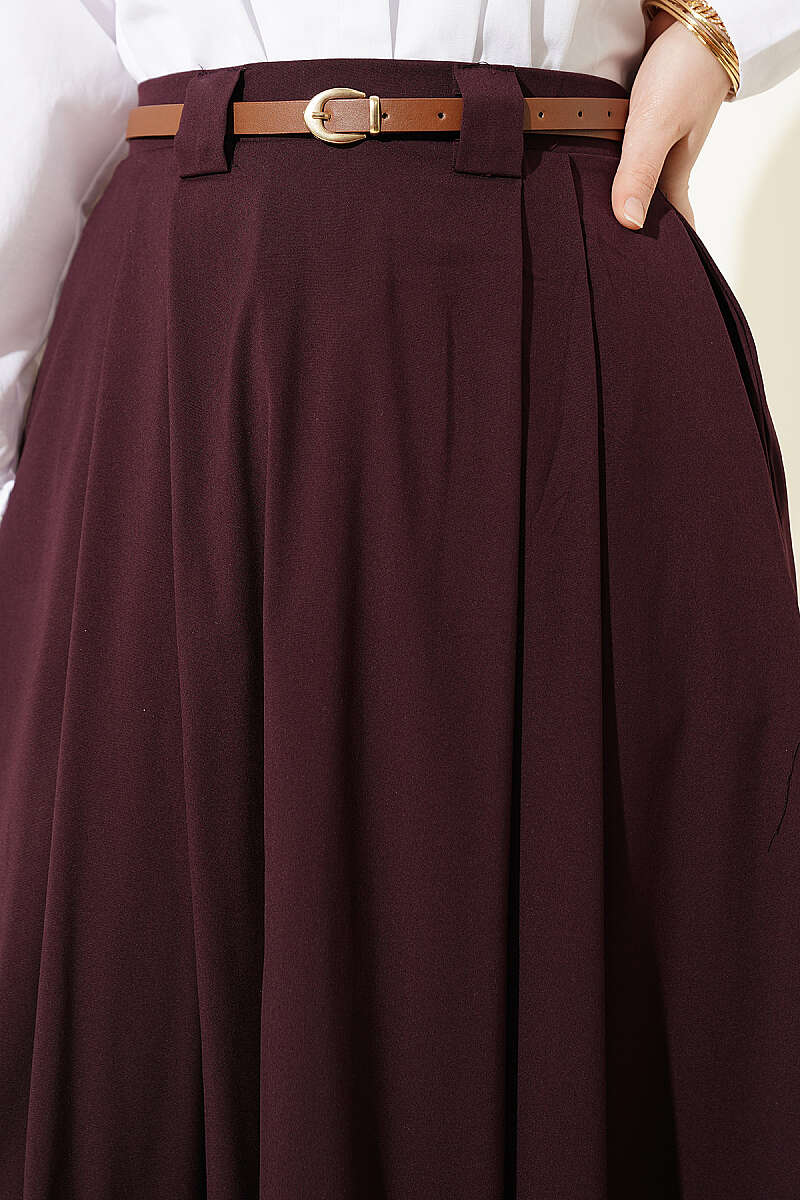 Pleated Skirt with Thin Belt - Plum