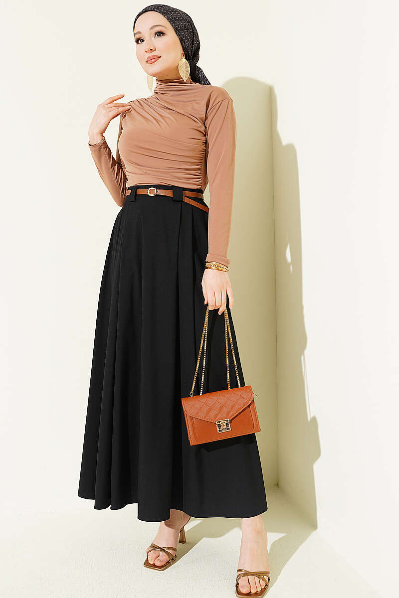 Pleated Skirt with Thin Belt - Black