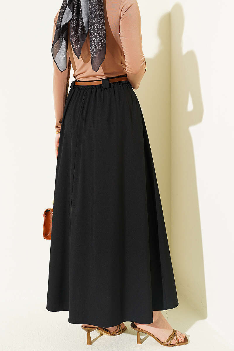 Pleated Skirt with Thin Belt - Black