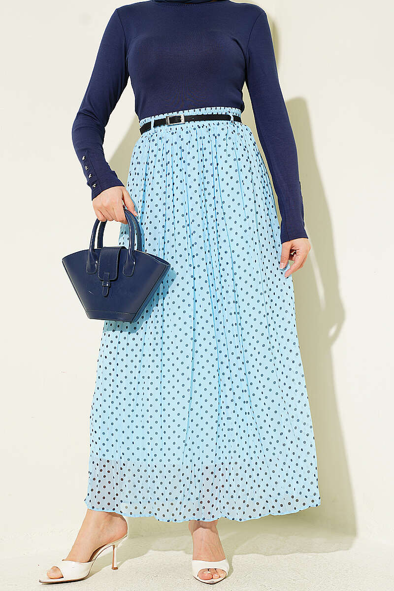 Polka Dot Chiffon Skirt with Thin Belt - Light Blue