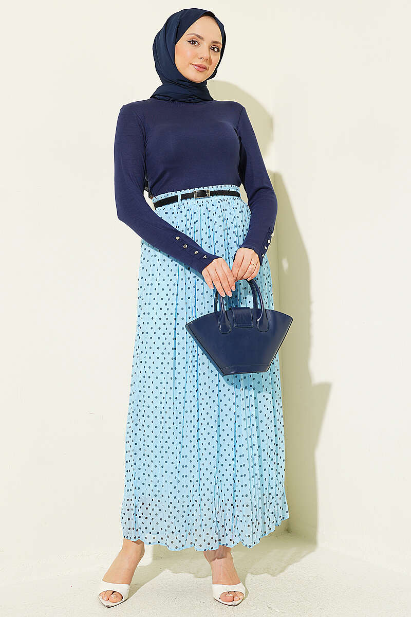Polka Dot Chiffon Skirt with Thin Belt - Light Blue
