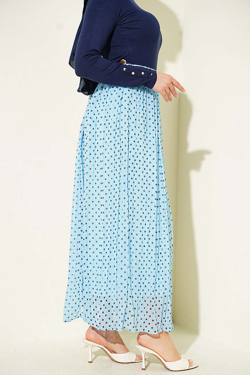 Polka Dot Chiffon Skirt with Thin Belt - Light Blue