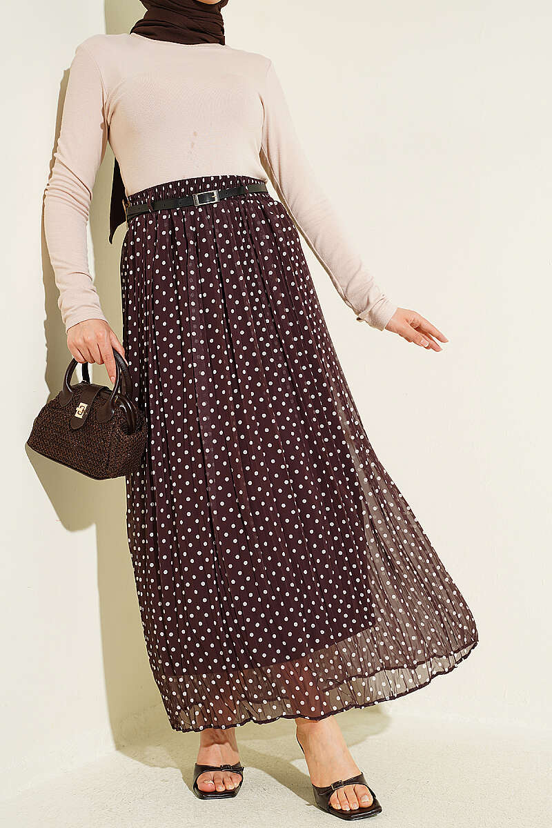 Polka Dot Chiffon Skirt with Thin Belt - Brown