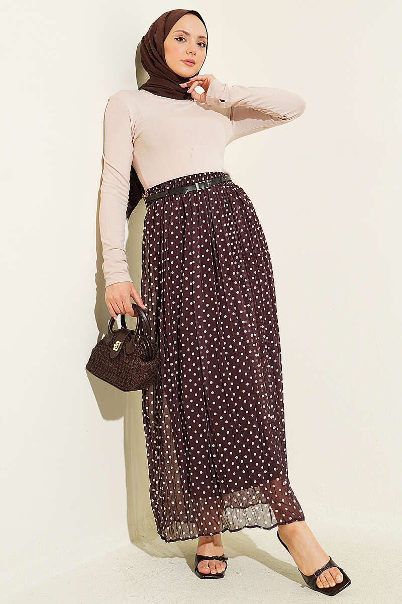 Polka Dot Chiffon Skirt with Thin Belt - Brown