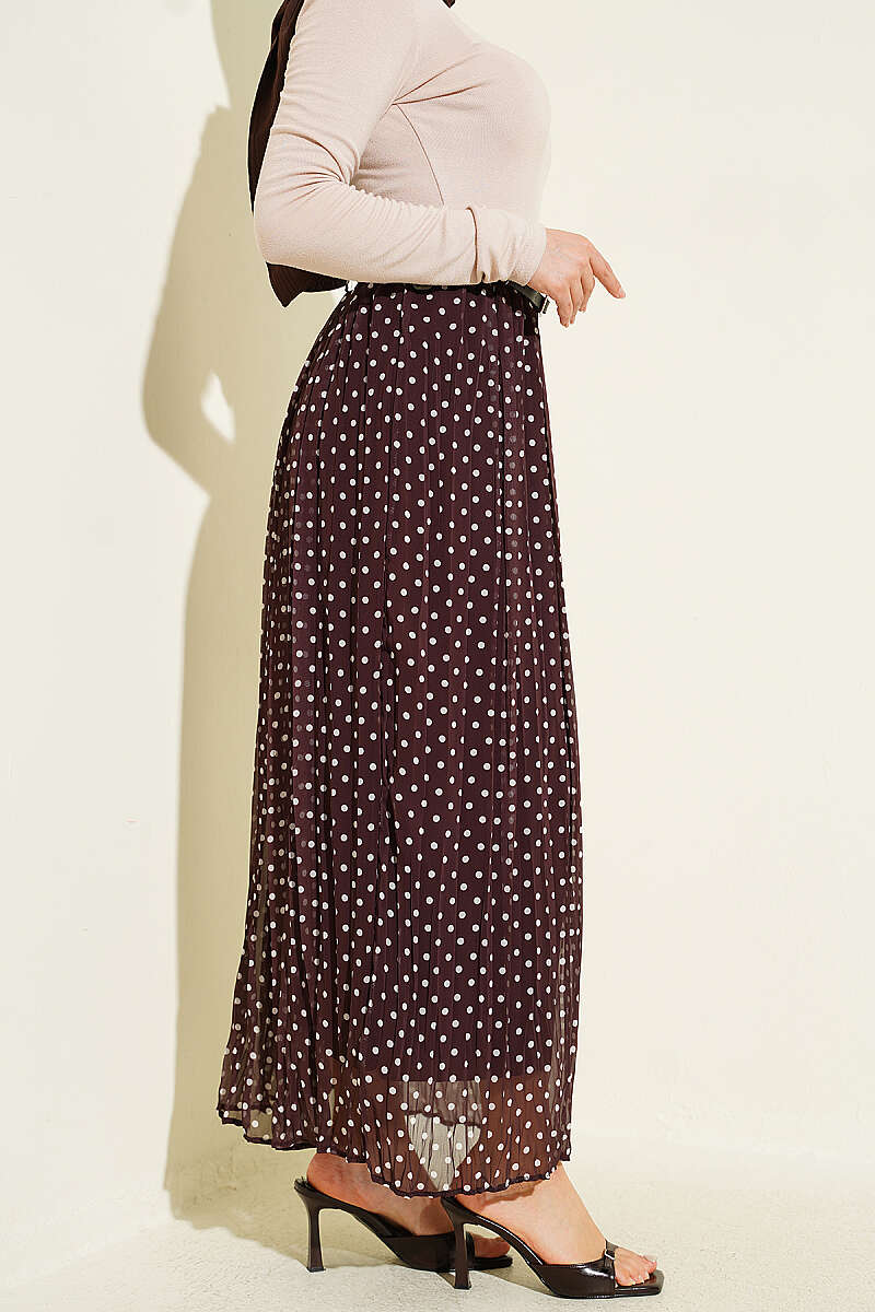 Polka Dot Chiffon Skirt with Thin Belt - Brown