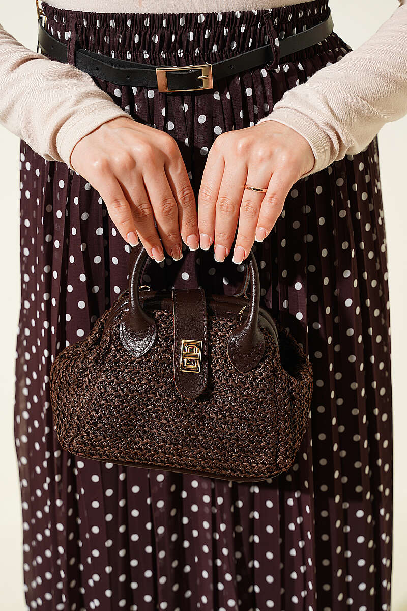 Polka Dot Chiffon Skirt with Thin Belt - Brown