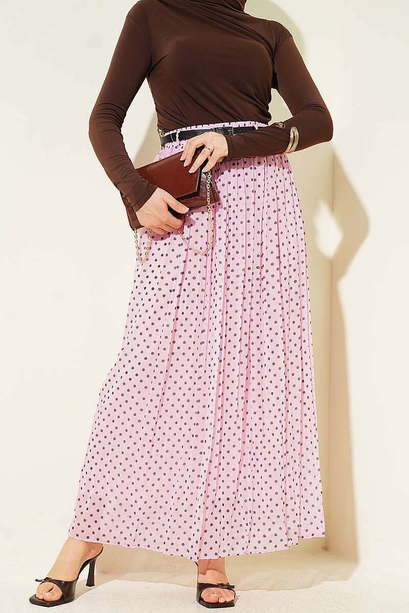 Polka Dot Chiffon Skirt with Thin Belt - Pink