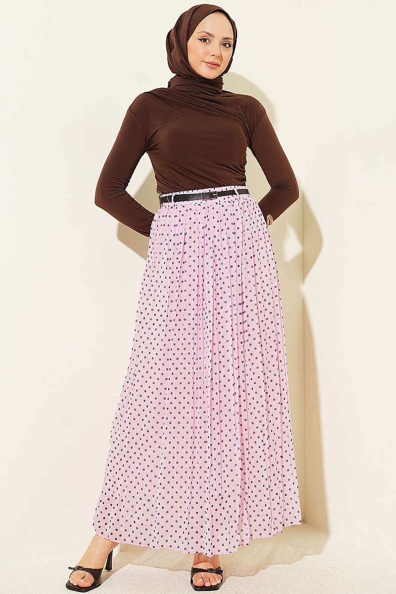 Polka Dot Chiffon Skirt with Thin Belt - Pink
