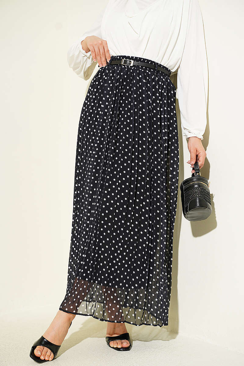 Polka Dot Chiffon Skirt with Thin Belt - Black