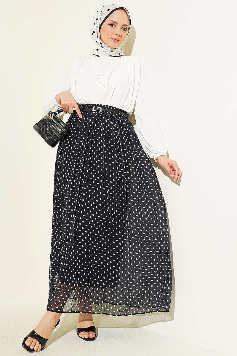 Polka Dot Chiffon Skirt with Thin Belt - Black