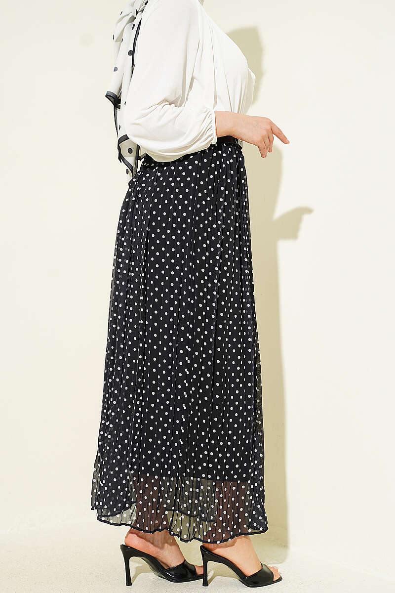 Polka Dot Chiffon Skirt with Thin Belt - Black