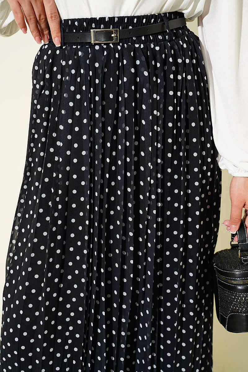 Polka Dot Chiffon Skirt with Thin Belt - Black