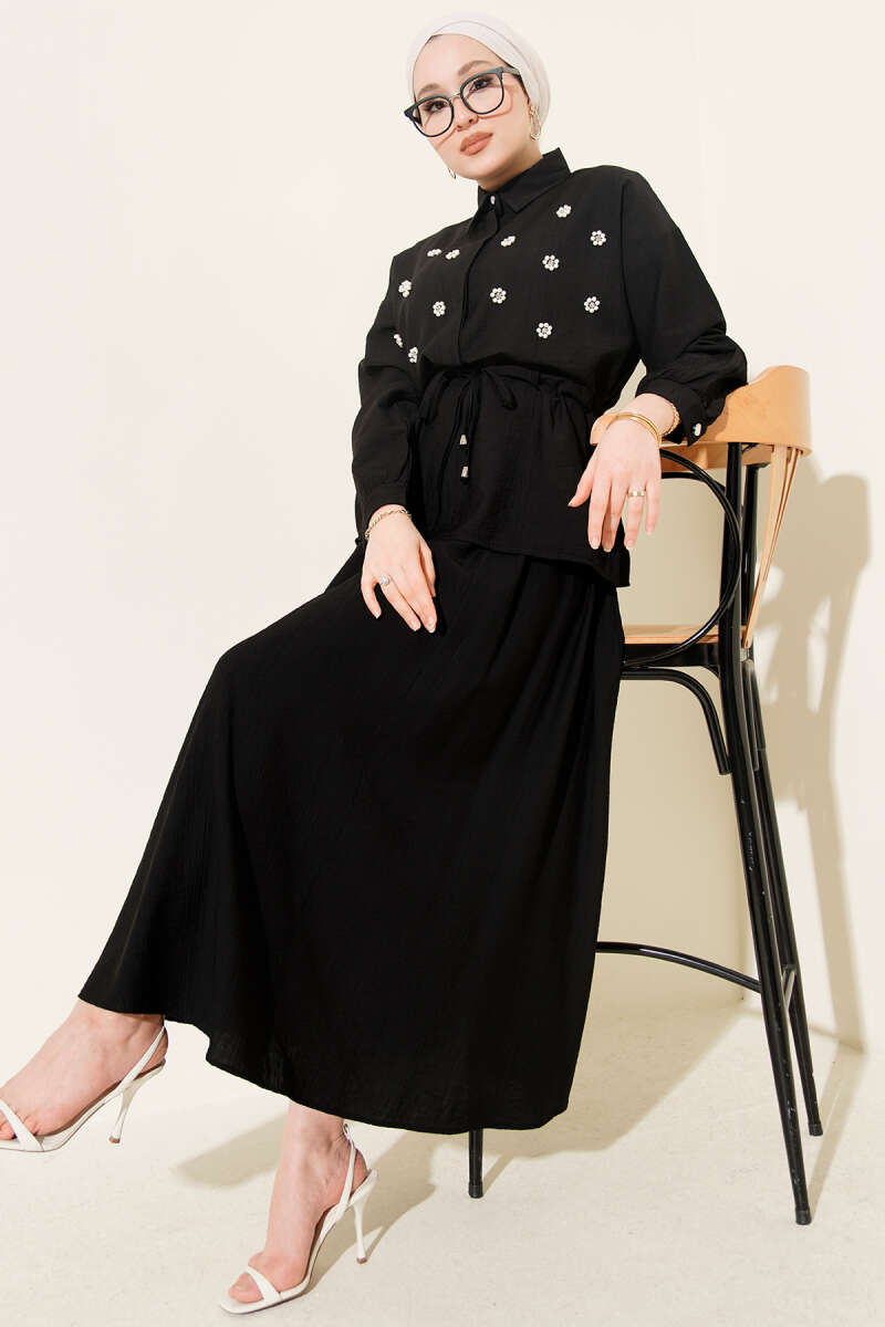 Skirt Set with Pearl Flowers and Drawstring Waist - Black