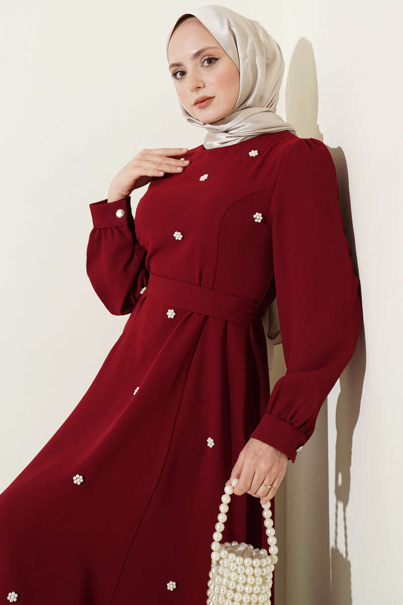 Belted Dress with Pearl Flowers - Burgundy