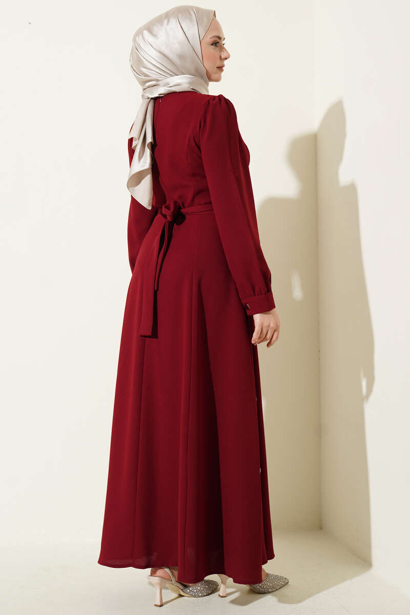 Belted Dress with Pearl Flowers - Burgundy