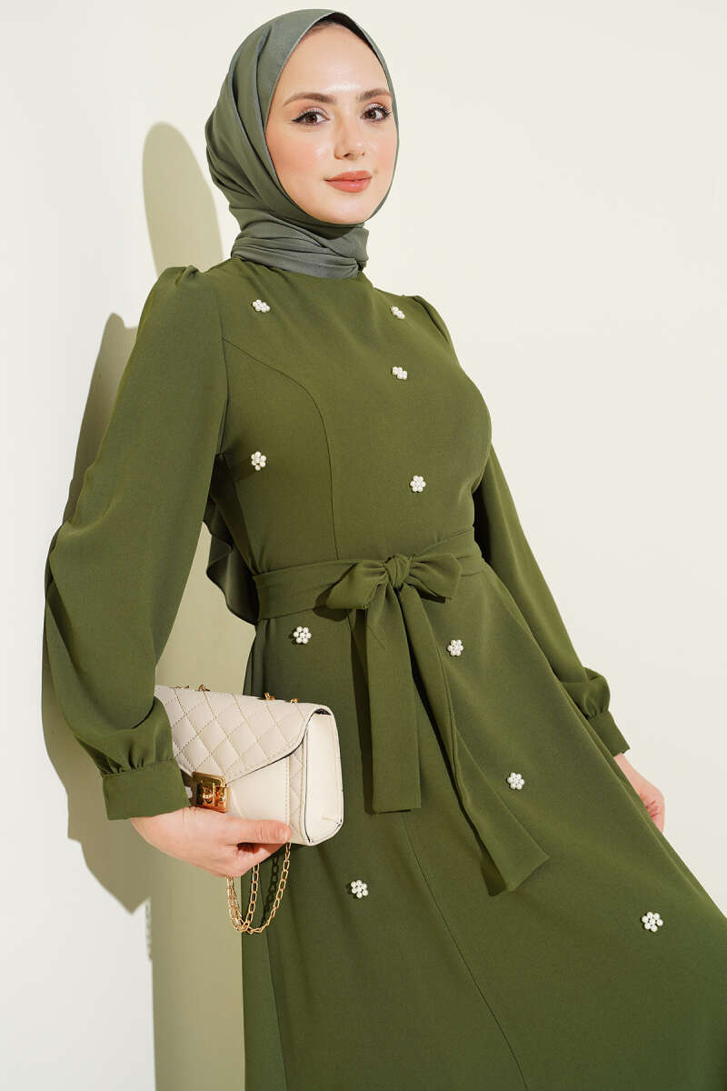 Belted Dress with Pearl Flowers - Khaki
