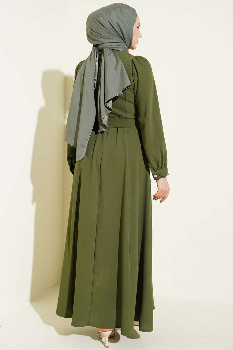 Belted Dress with Pearl Flowers - Khaki