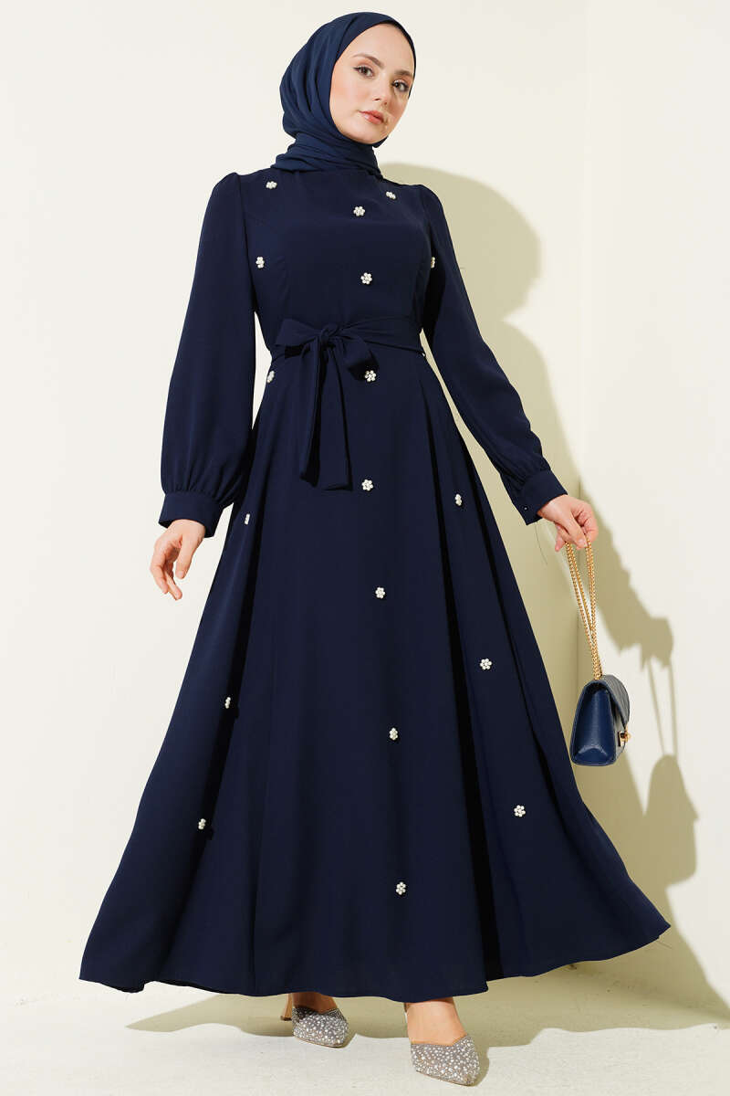 Belted Dress with Pearl Flowers - Navy