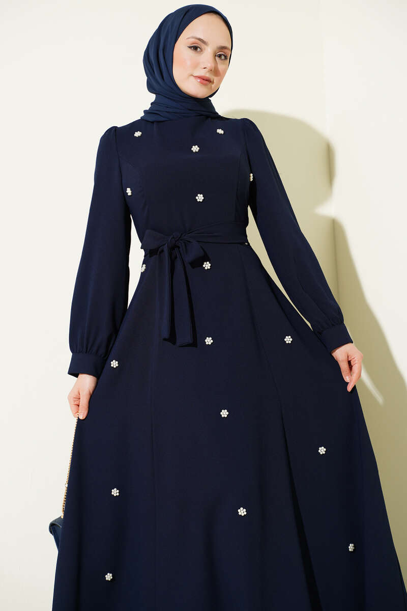 Belted Dress with Pearl Flowers - Navy