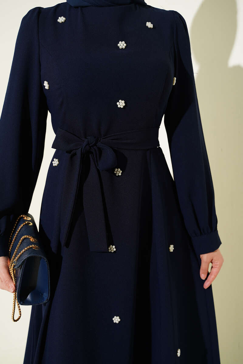 Belted Dress with Pearl Flowers - Navy