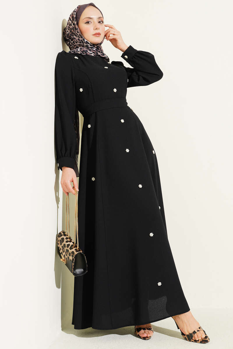 Belted Dress with Pearl Flowers - Black
