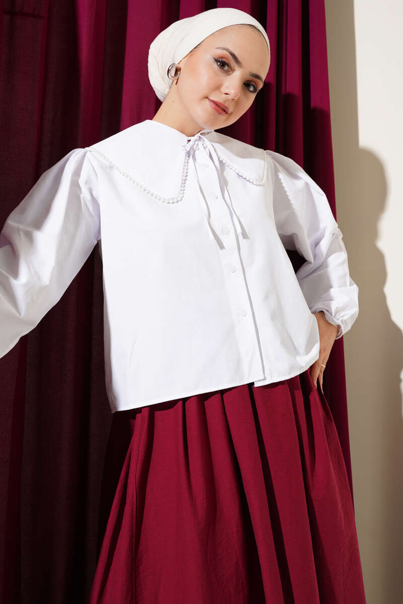 Short Sailor-Collar Shirt with Pearl Detail - White