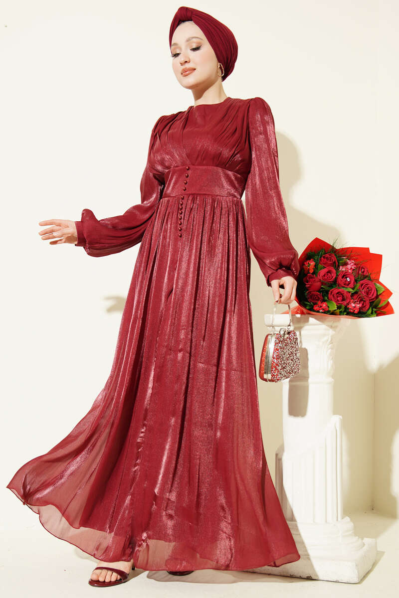Draped Evening Dress with Pearl Detail - Burgundy