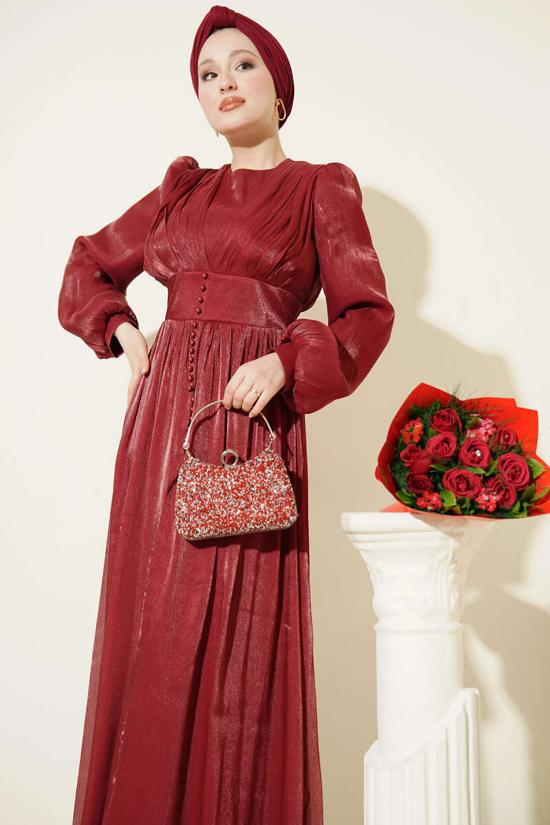 Draped Evening Dress with Pearl Detail - Burgundy
