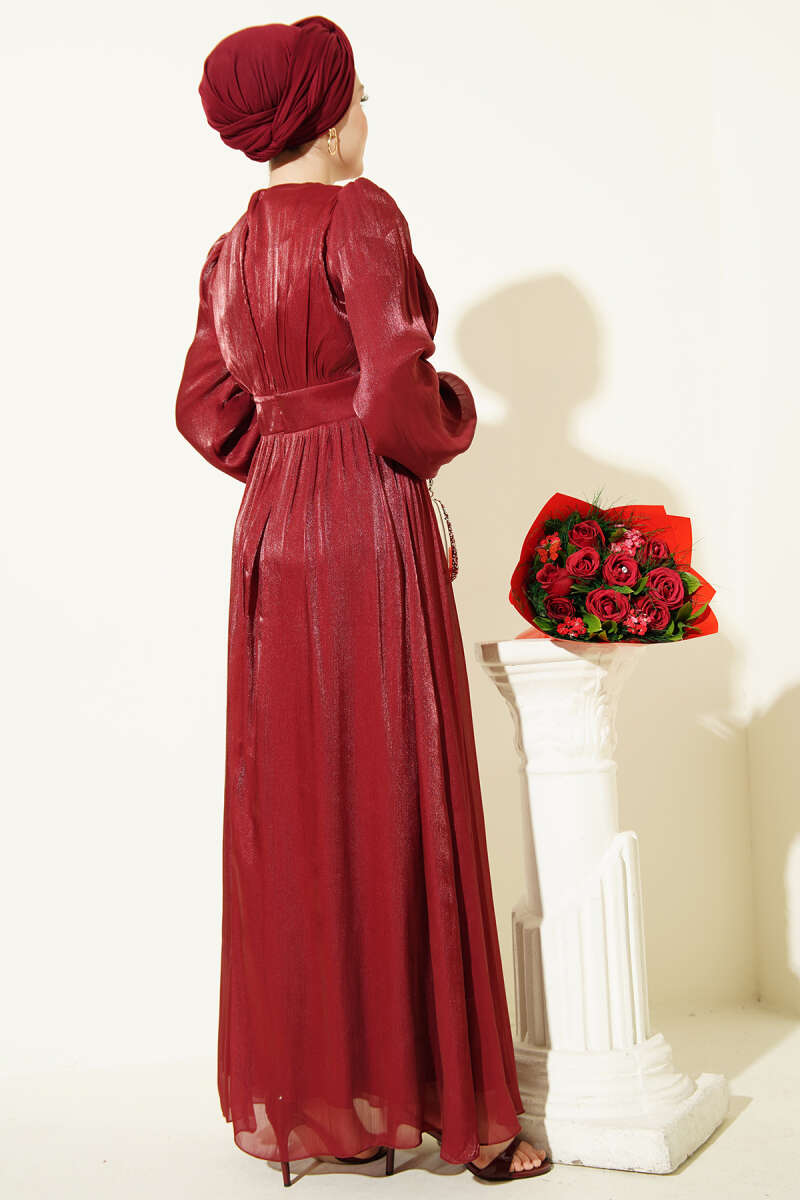 Draped Evening Dress with Pearl Detail - Burgundy