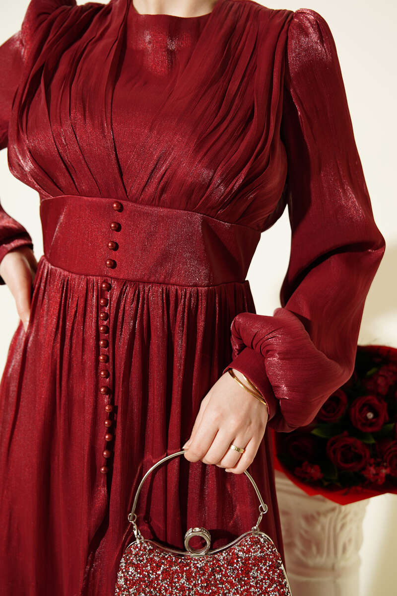 Draped Evening Dress with Pearl Detail - Burgundy