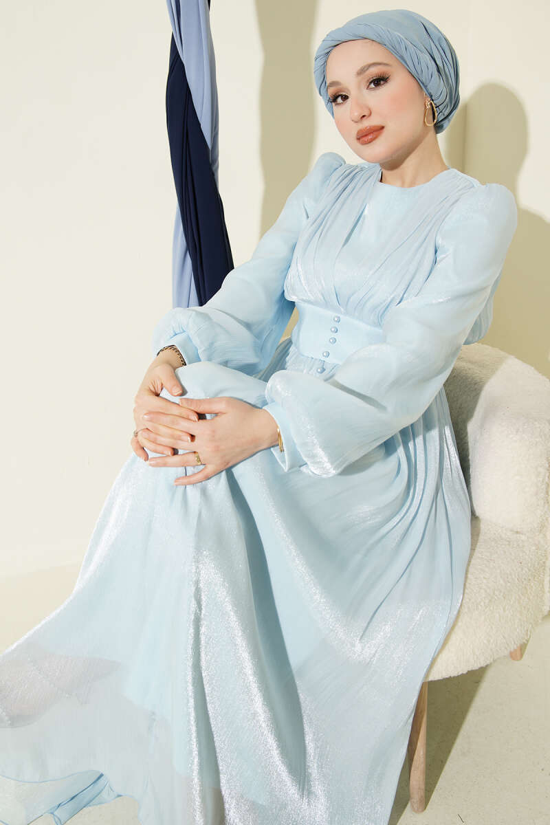 Draped Evening Dress with Pearl Detail - Ice Blue