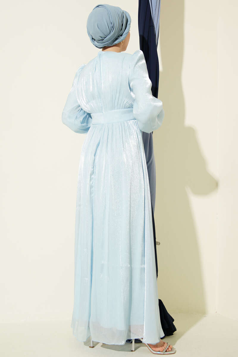 Draped Evening Dress with Pearl Detail - Ice Blue