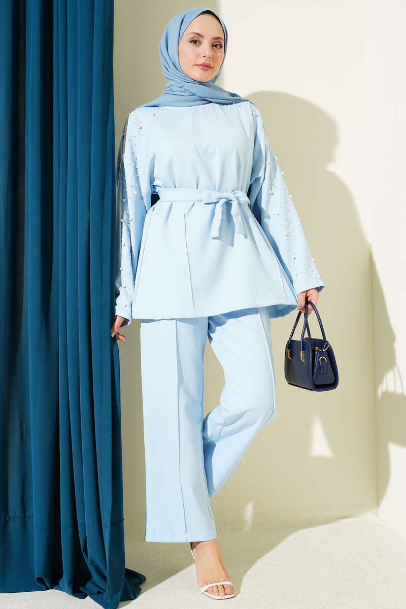 Belted Two-Piece Set with Pearl Detail - Blue