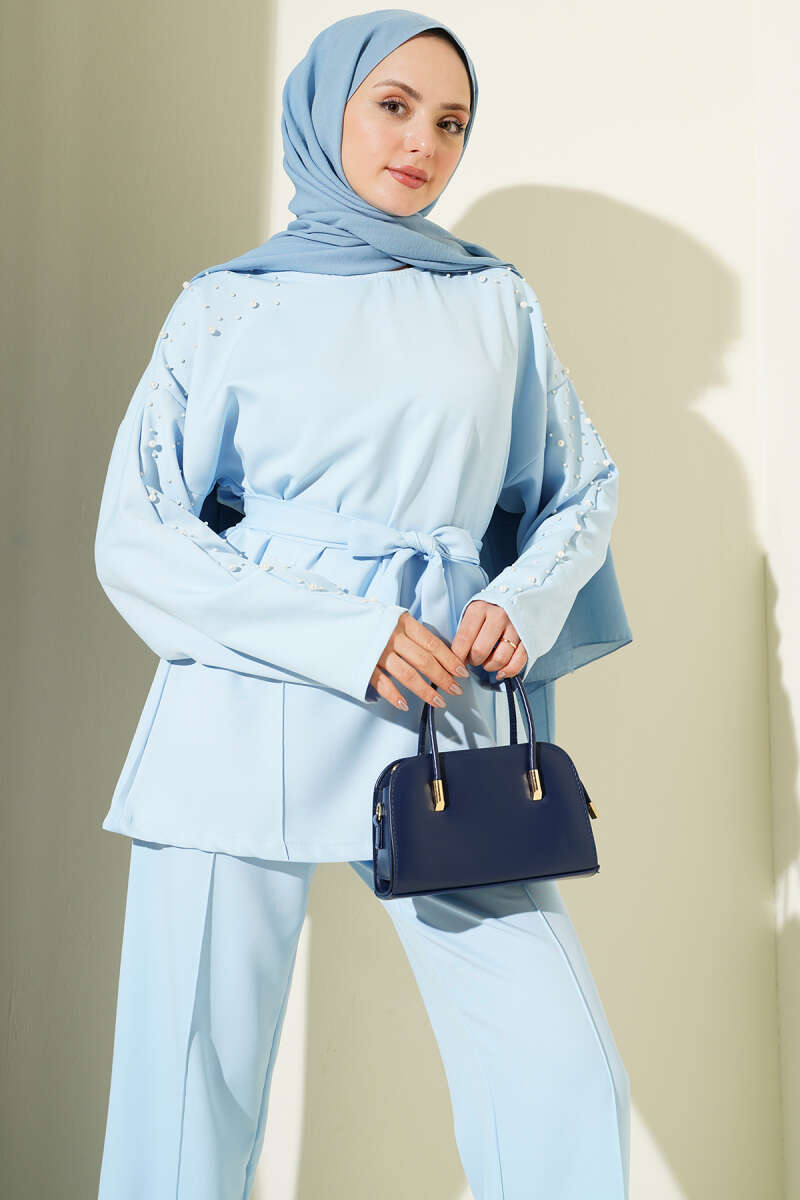 Belted Two-Piece Set with Pearl Detail - Blue