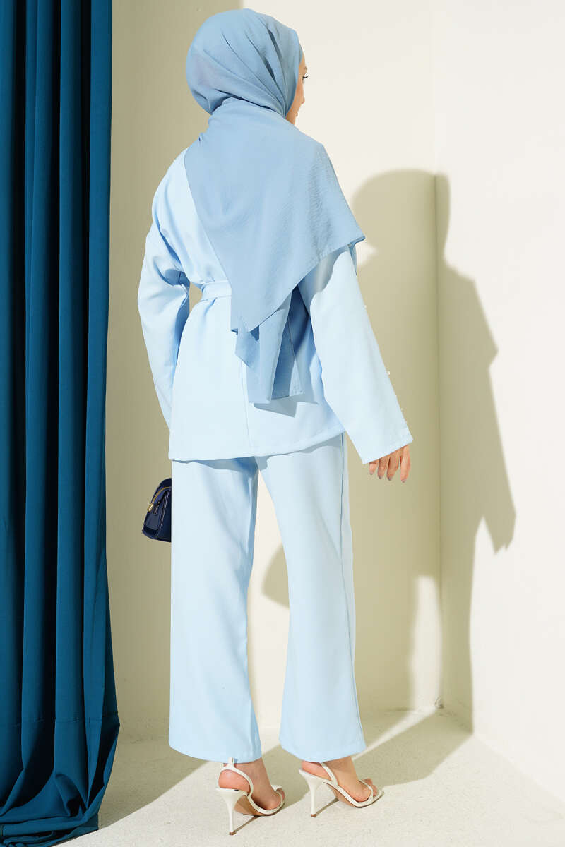 Belted Two-Piece Set with Pearl Detail - Blue
